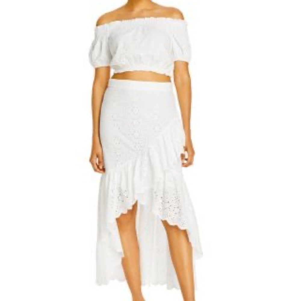 AQUA Eyelet Off-the-Shoulder Crop Top & Skirt set